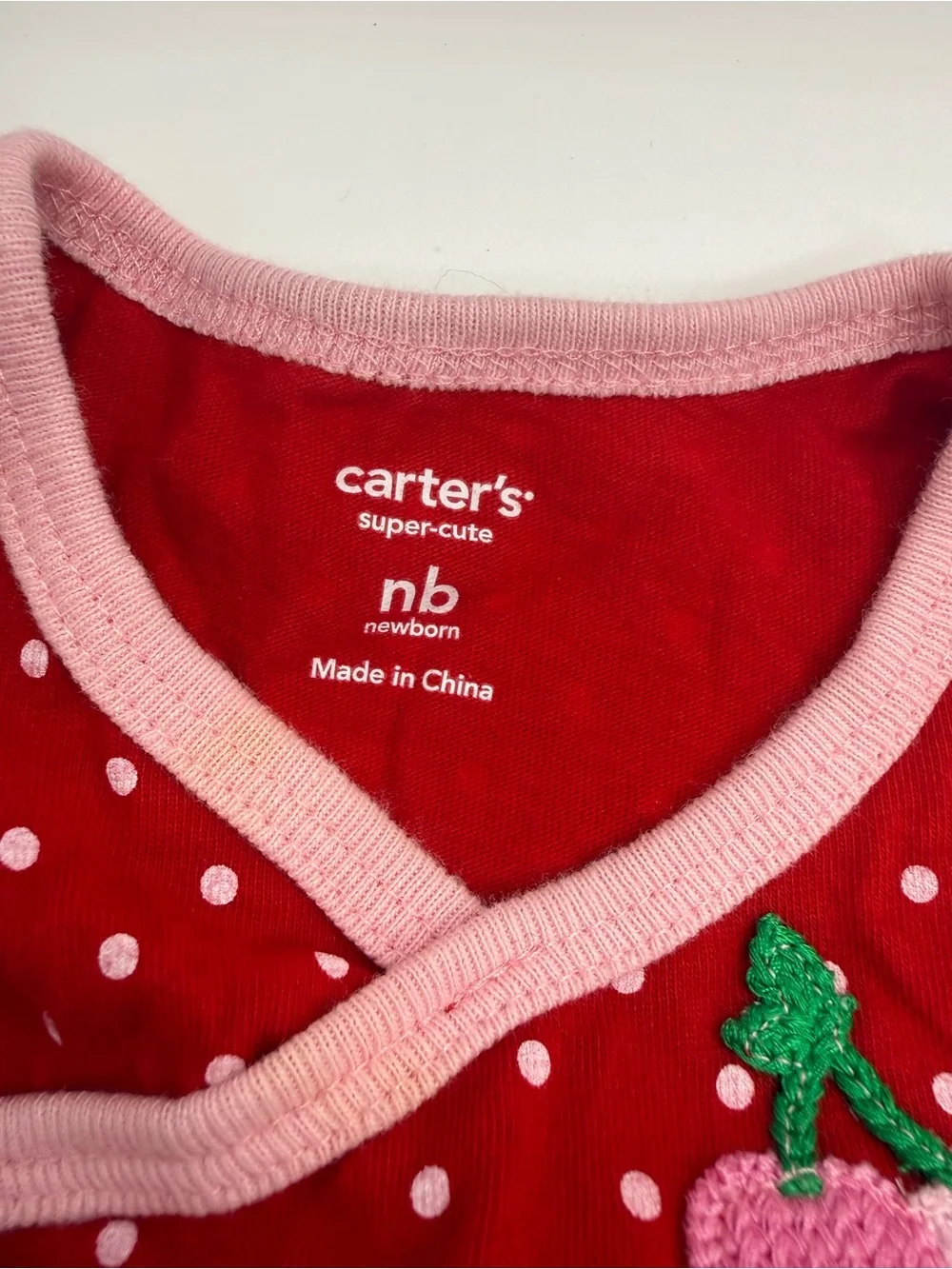 Carter's Red Polka Dot Dress with Pink Trim & Cherry Patch - Picture 2 of 3